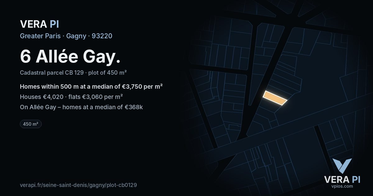 6 Allée Gay, Gagny at night – the plot lit, the parcels around coloured by the prices near them