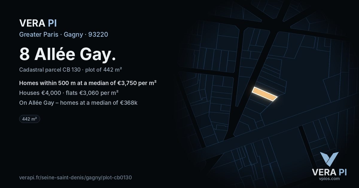 8 Allée Gay, Gagny at night – the plot lit, the parcels around coloured by the prices near them