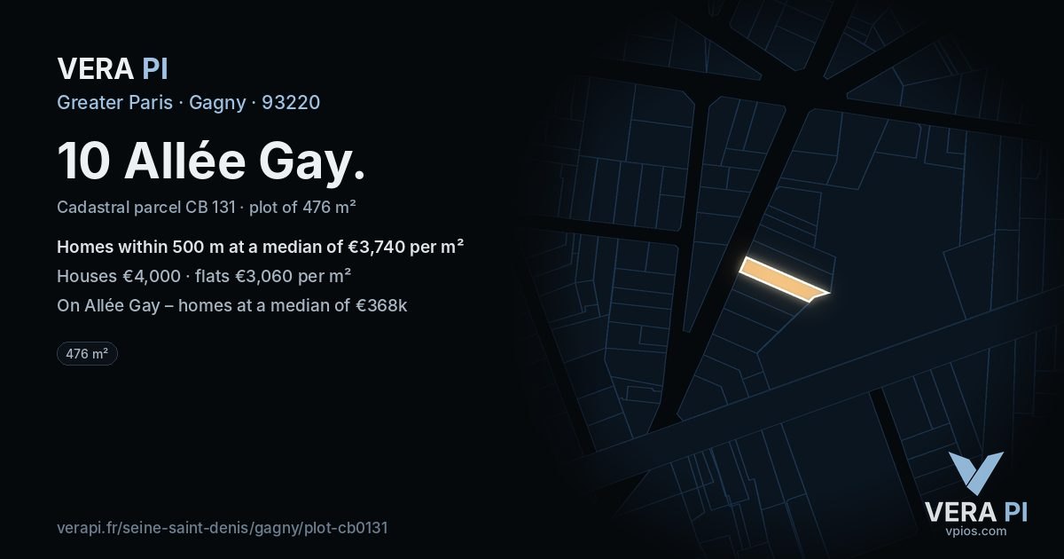 10 Allée Gay, Gagny at night – the plot lit, the parcels around coloured by the prices near them