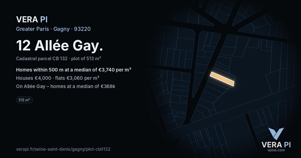 12 Allée Gay, Gagny at night – the plot lit, the parcels around coloured by the prices near them