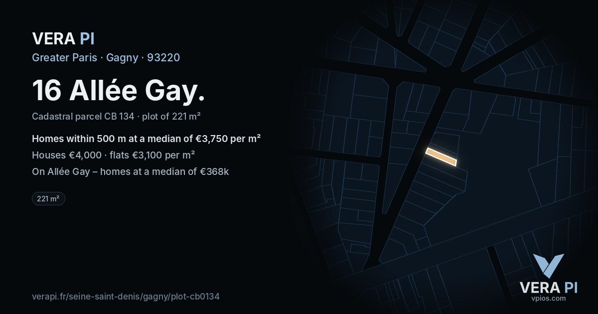 16 Allée Gay, Gagny at night – the plot lit, the parcels around coloured by the prices near them