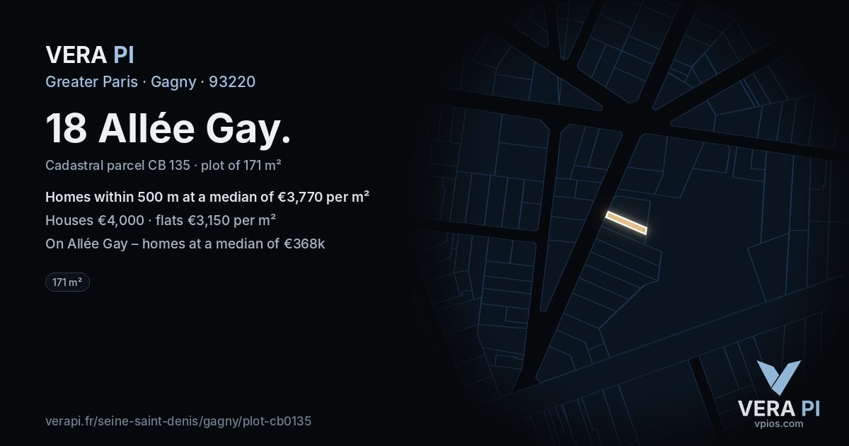 18 Allée Gay, Gagny at night – the plot lit, the parcels around coloured by the prices near them