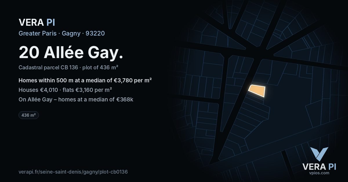 20 Allée Gay, Gagny at night – the plot lit, the parcels around coloured by the prices near them