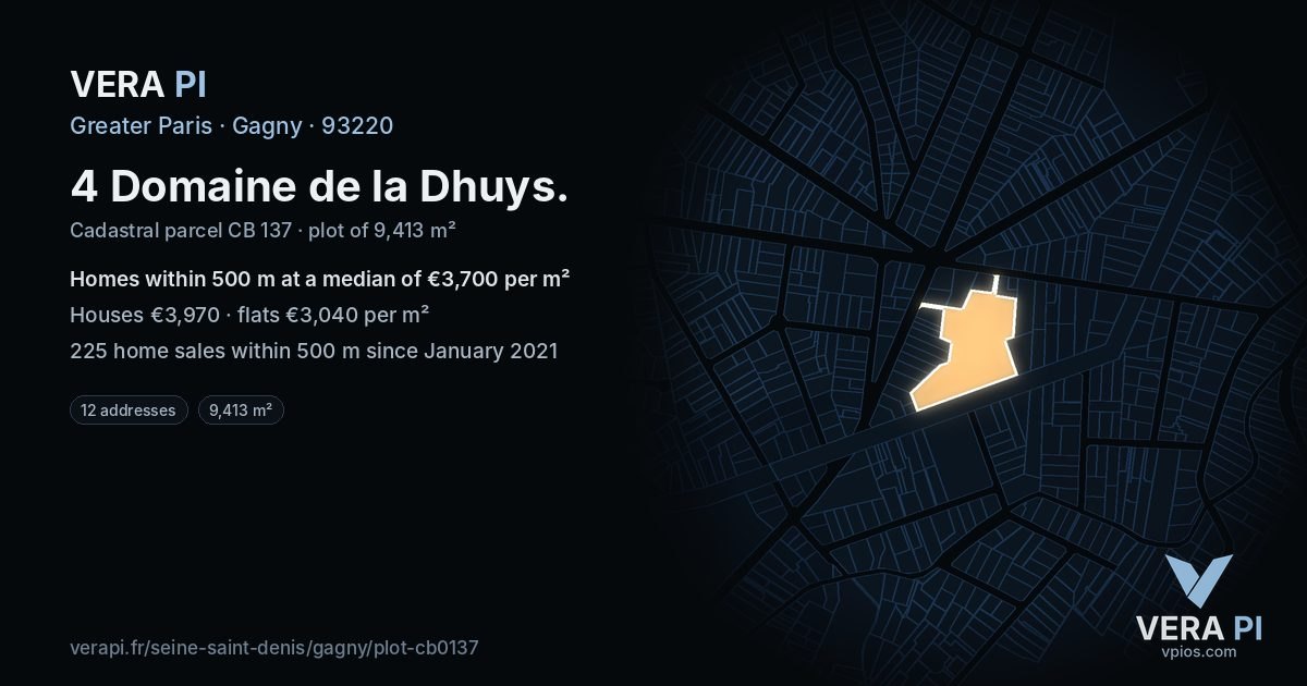 4 Domaine de la Dhuys, Gagny at night – the plot lit, the parcels around coloured by the prices near them