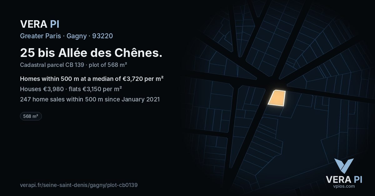 25 bis Allée des Chênes, Gagny at night – the plot lit, the parcels around coloured by the prices near them