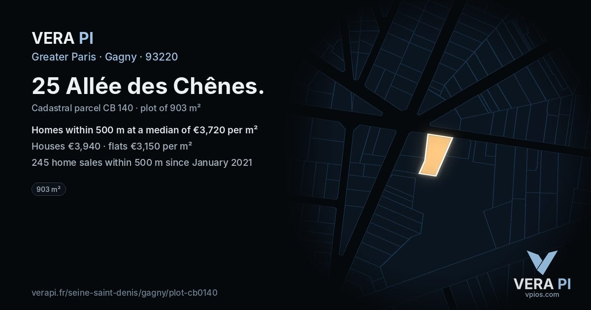 25 Allée des Chênes, Gagny at night – the plot lit, the parcels around coloured by the prices near them