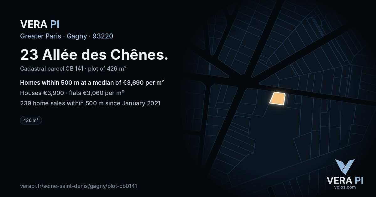 23 Allée des Chênes, Gagny at night – the plot lit, the parcels around coloured by the prices near them
