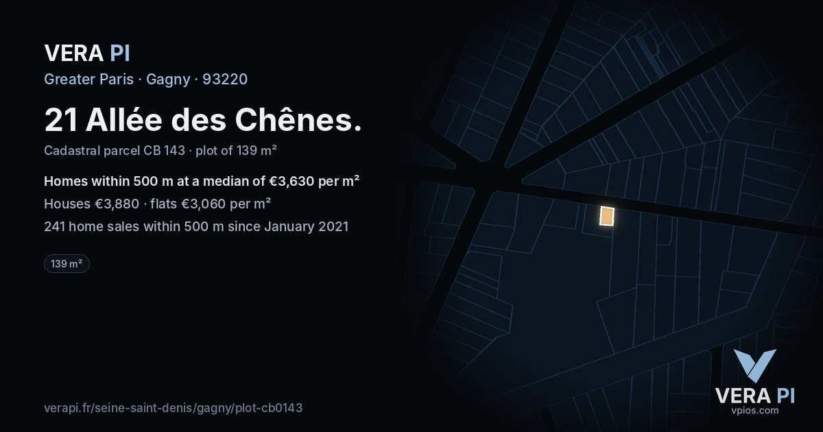 21 Allée des Chênes, Gagny at night – the plot lit, the parcels around coloured by the prices near them