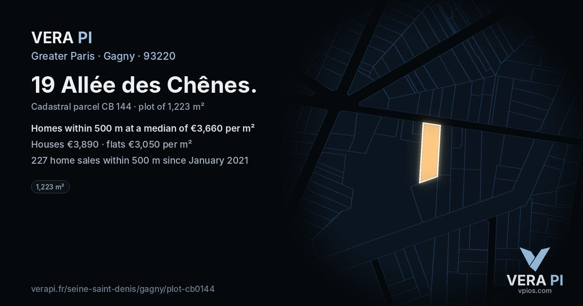 19 Allée des Chênes, Gagny at night – the plot lit, the parcels around coloured by the prices near them