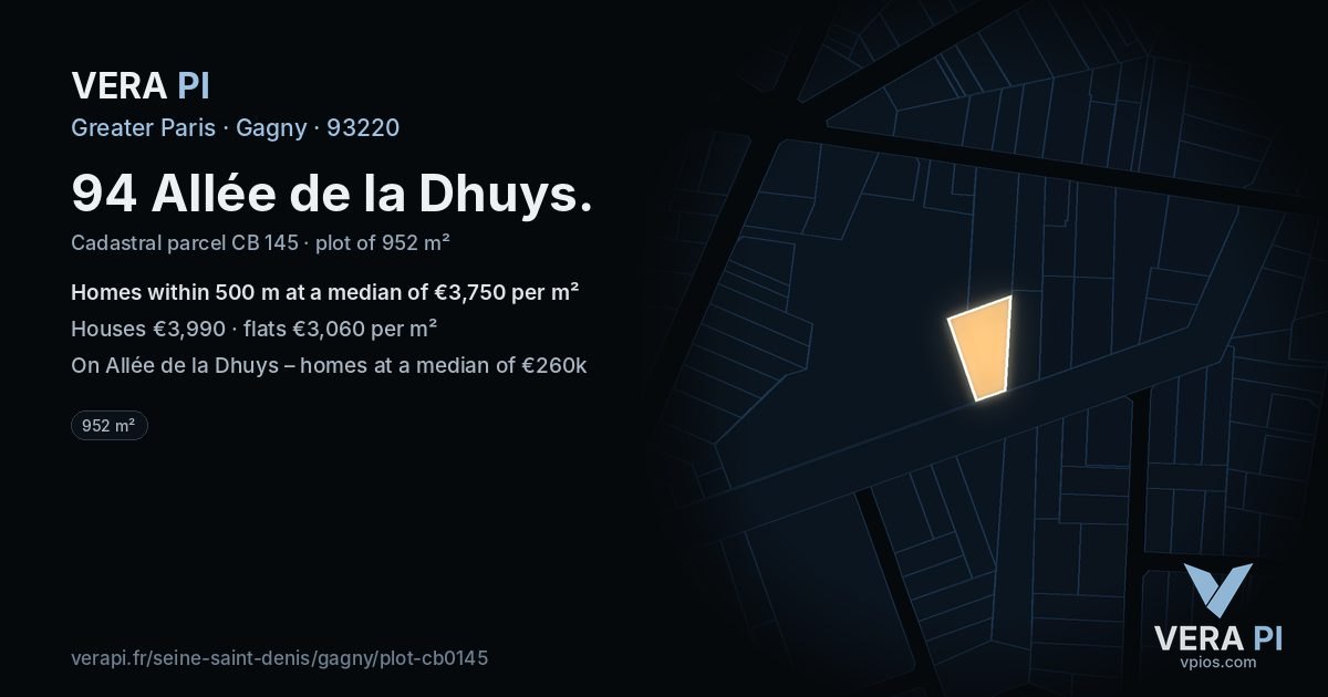 94 Allée de la Dhuys, Gagny at night – the plot lit, the parcels around coloured by the prices near them
