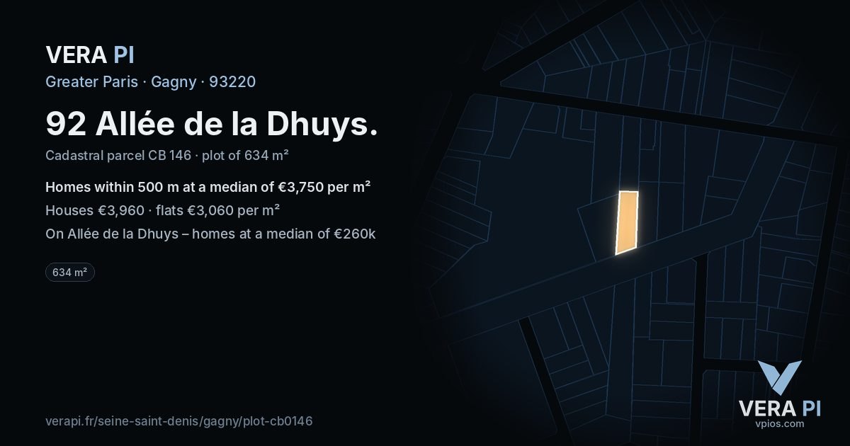 92 Allée de la Dhuys, Gagny at night – the plot lit, the parcels around coloured by the prices near them