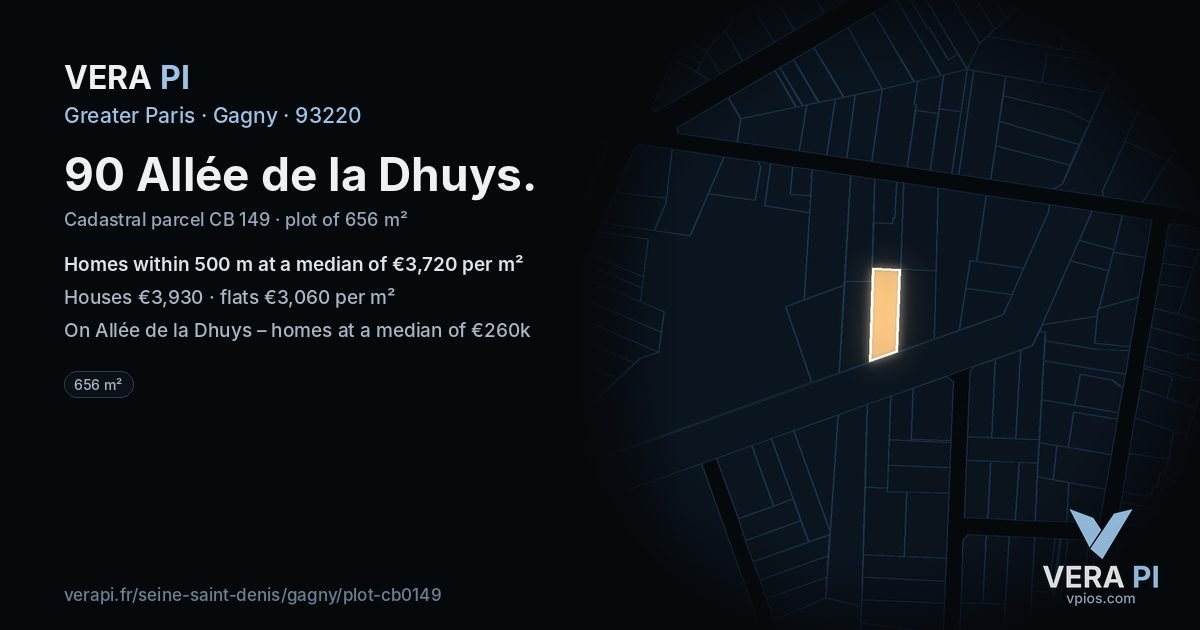 90 Allée de la Dhuys, Gagny at night – the plot lit, the parcels around coloured by the prices near them