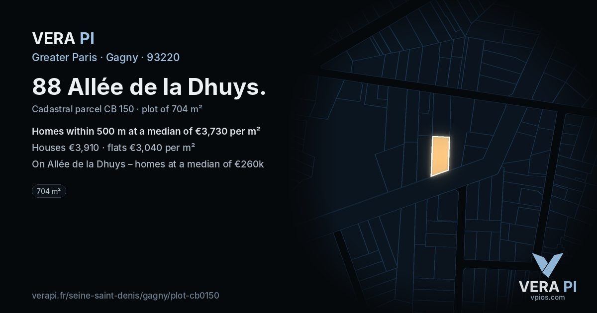 88 Allée de la Dhuys, Gagny at night – the plot lit, the parcels around coloured by the prices near them