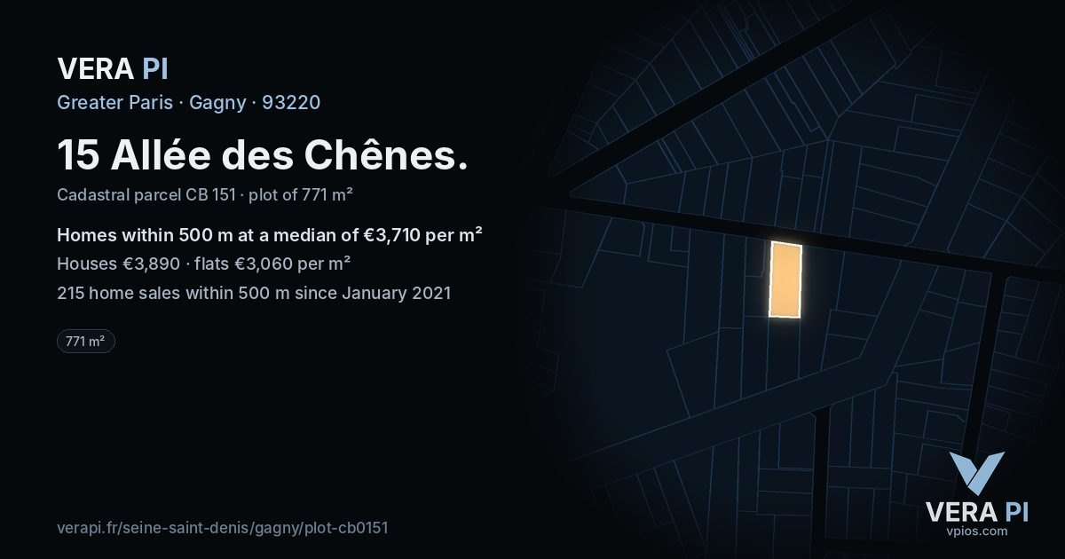 15 Allée des Chênes, Gagny at night – the plot lit, the parcels around coloured by the prices near them