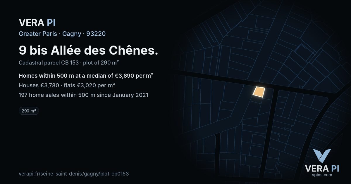 9 bis Allée des Chênes, Gagny at night – the plot lit, the parcels around coloured by the prices near them