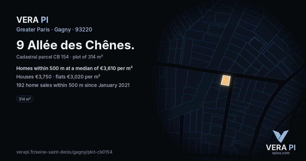 9 Allée des Chênes, Gagny at night – the plot lit, the parcels around coloured by the prices near them