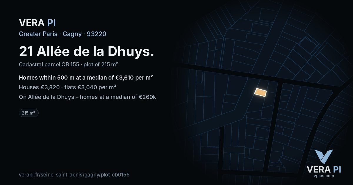 21 Allée de la Dhuys, Gagny at night – the plot lit, the parcels around coloured by the prices near them