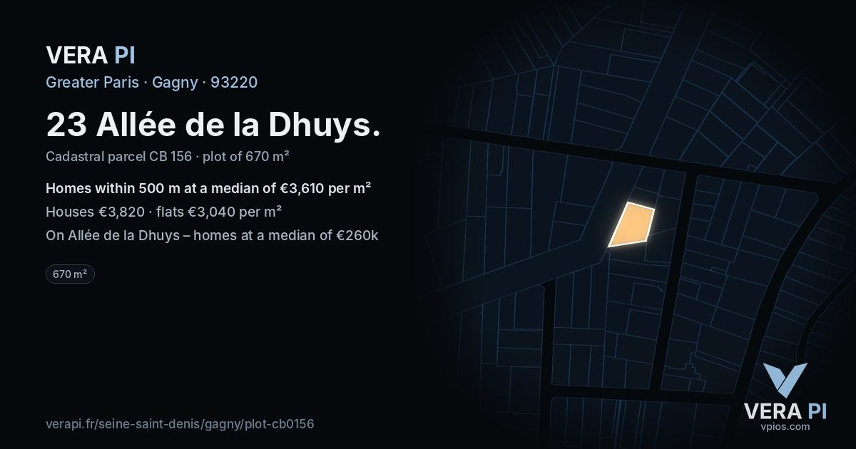 23 Allée de la Dhuys, Gagny at night – the plot lit, the parcels around coloured by the prices near them