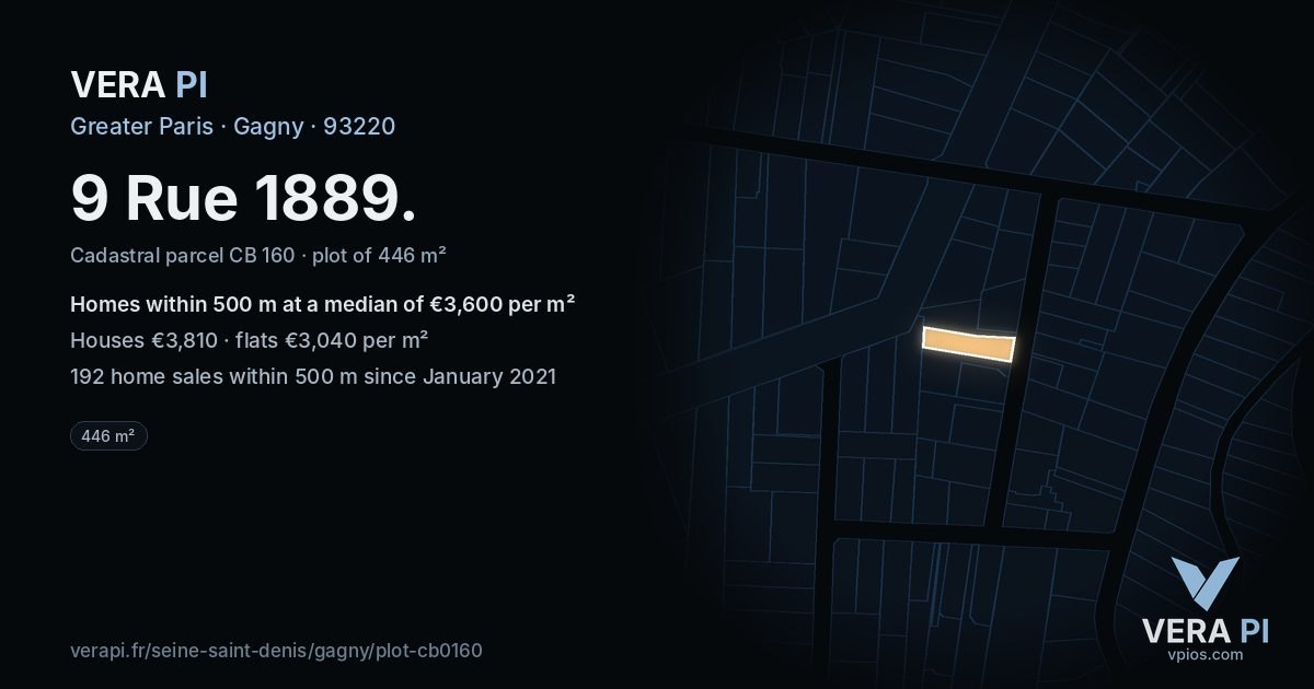 9 Rue 1889, Gagny at night – the plot lit, the parcels around coloured by the prices near them