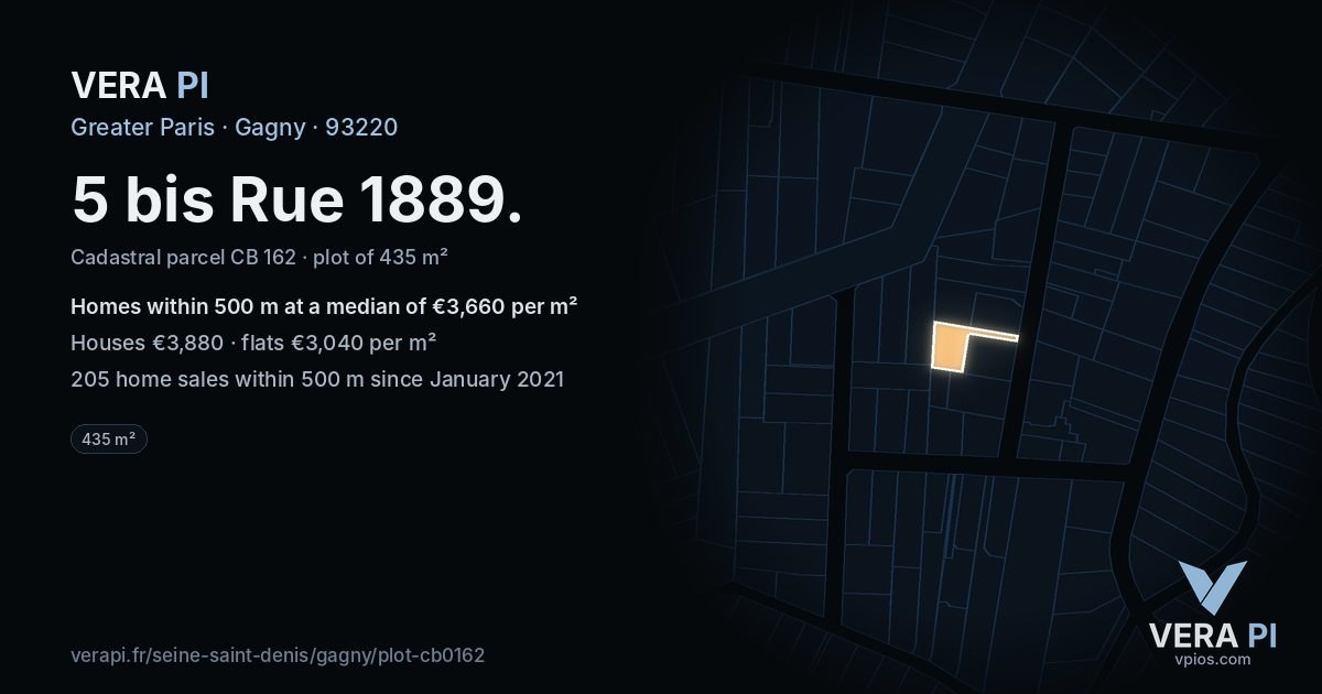 5 bis Rue 1889, Gagny at night – the plot lit, the parcels around coloured by the prices near them