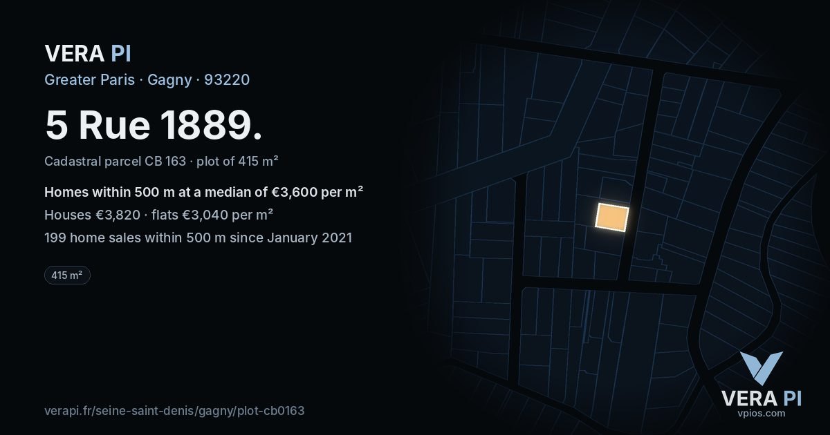 5 Rue 1889, Gagny at night – the plot lit, the parcels around coloured by the prices near them