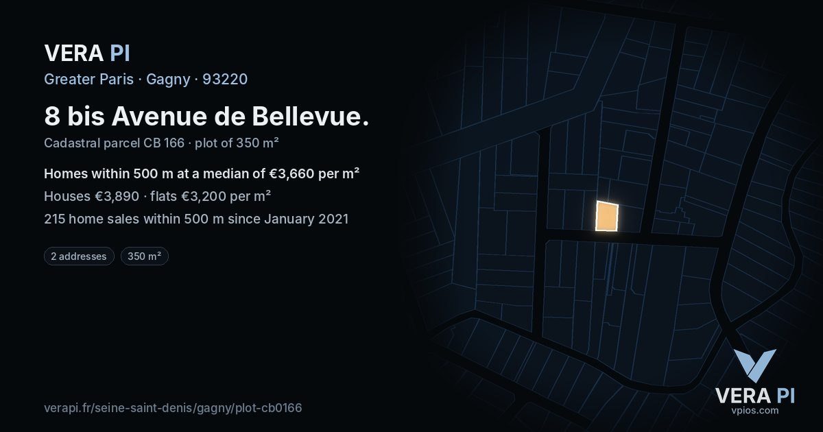 8 bis Avenue de Bellevue, Gagny at night – the plot lit, the parcels around coloured by the prices near them