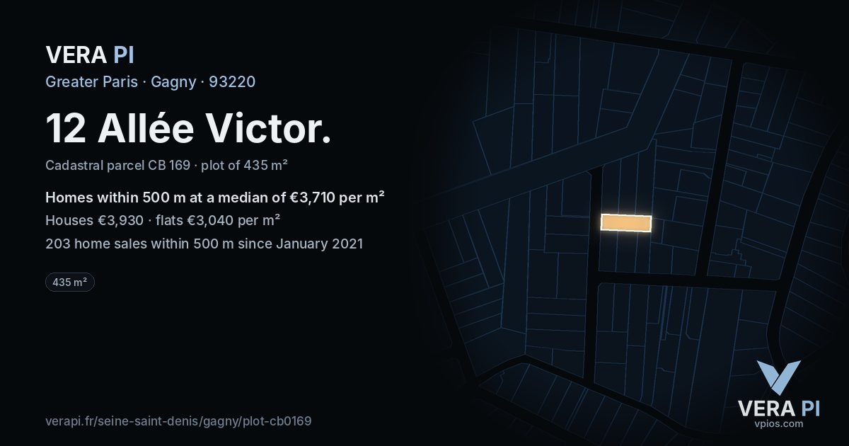12 Allée Victor, Gagny at night – the plot lit, the parcels around coloured by the prices near them