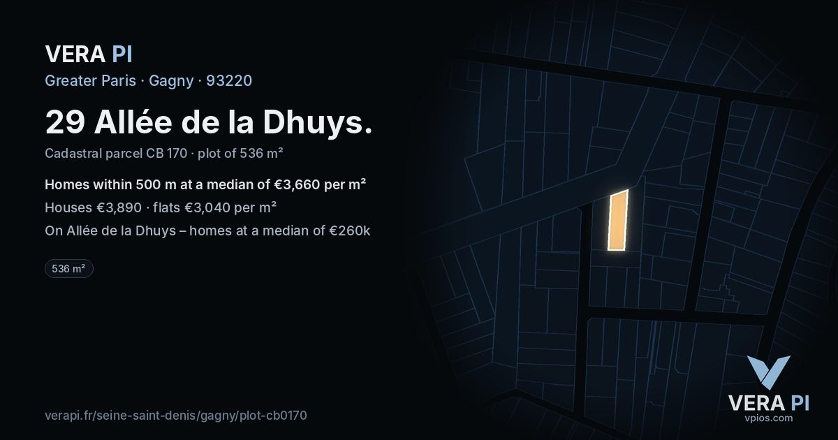 29 Allée de la Dhuys, Gagny at night – the plot lit, the parcels around coloured by the prices near them