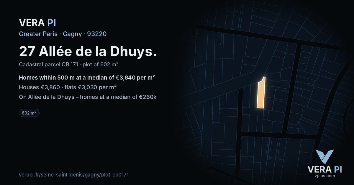 27 Allée de la Dhuys, Gagny at night – the plot lit, the parcels around coloured by the prices near them