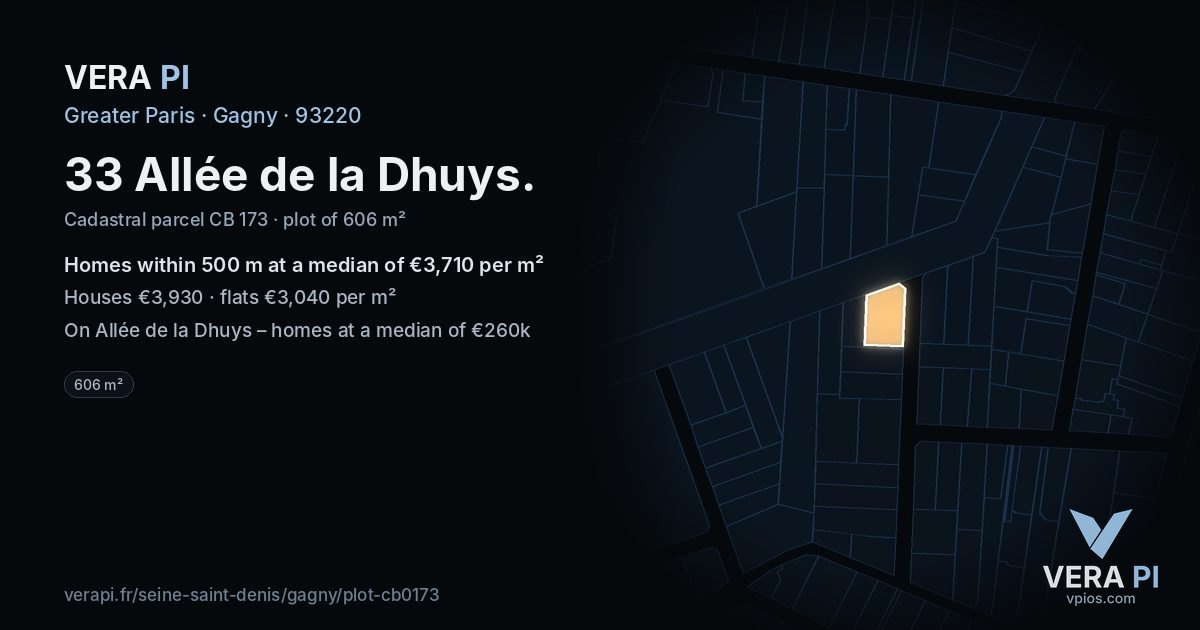 33 Allée de la Dhuys, Gagny at night – the plot lit, the parcels around coloured by the prices near them