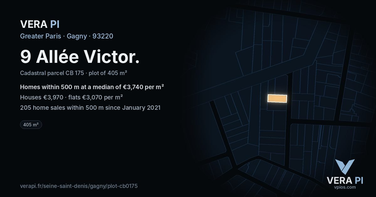 9 Allée Victor, Gagny at night – the plot lit, the parcels around coloured by the prices near them