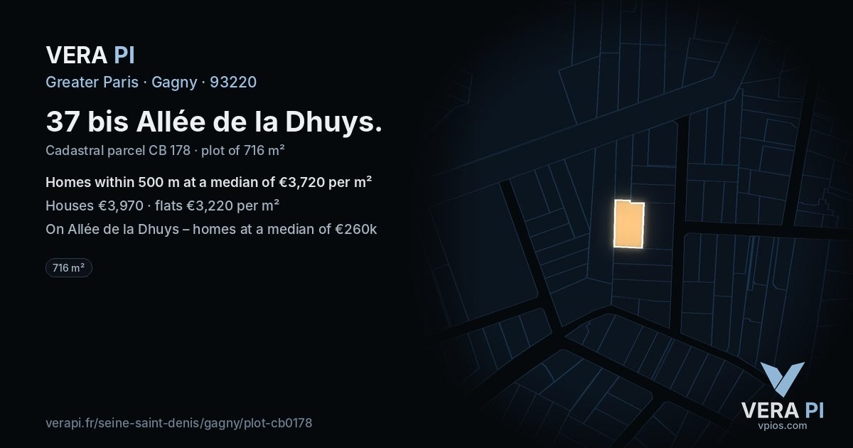 37 bis Allée de la Dhuys, Gagny at night – the plot lit, the parcels around coloured by the prices near them
