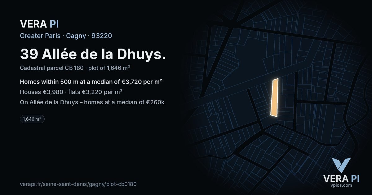 39 Allée de la Dhuys, Gagny at night – the plot lit, the parcels around coloured by the prices near them