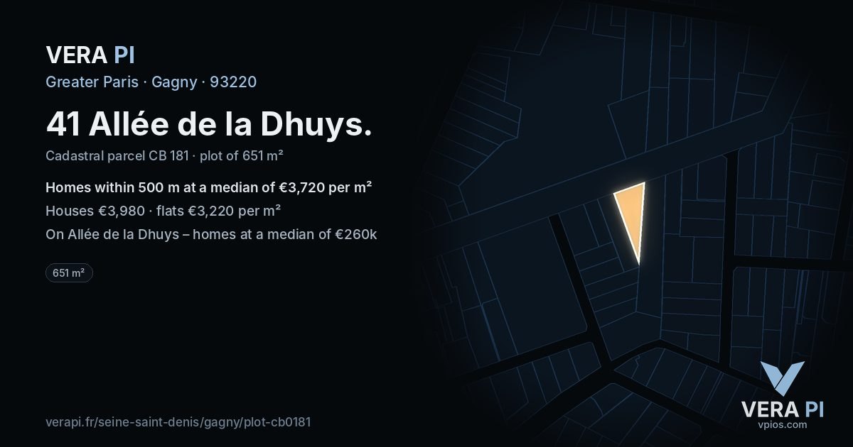 41 Allée de la Dhuys, Gagny at night – the plot lit, the parcels around coloured by the prices near them
