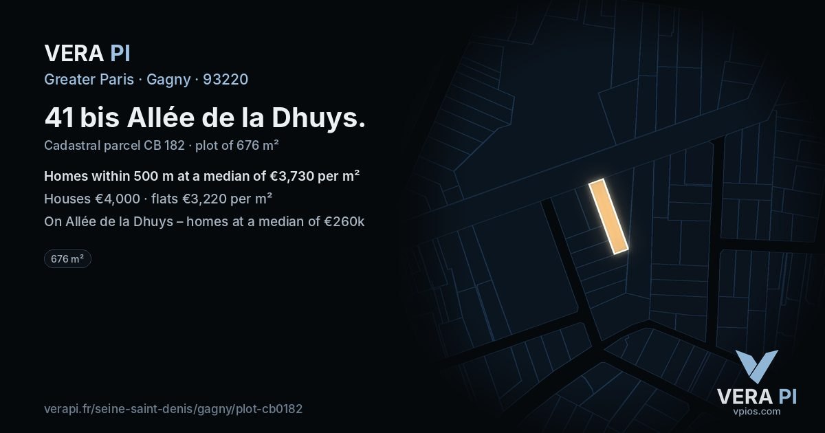 41 bis Allée de la Dhuys, Gagny at night – the plot lit, the parcels around coloured by the prices near them