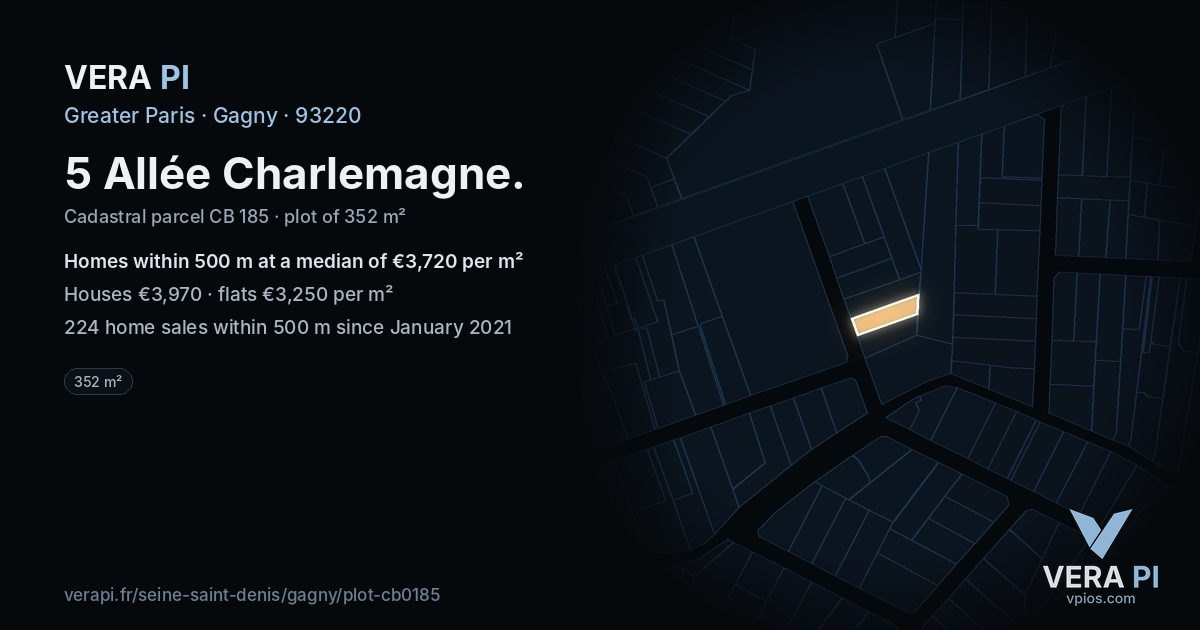 5 Allée Charlemagne, Gagny at night – the plot lit, the parcels around coloured by the prices near them