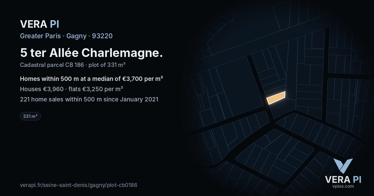 5 ter Allée Charlemagne, Gagny at night – the plot lit, the parcels around coloured by the prices near them