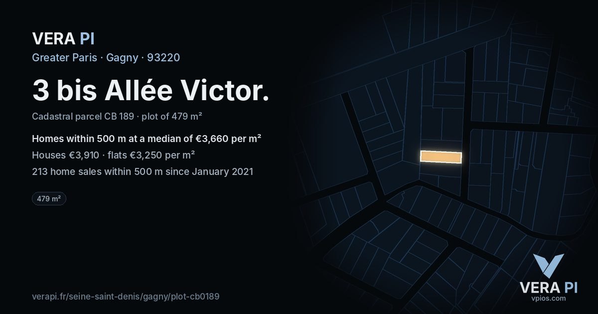 3 bis Allée Victor, Gagny at night – the plot lit, the parcels around coloured by the prices near them