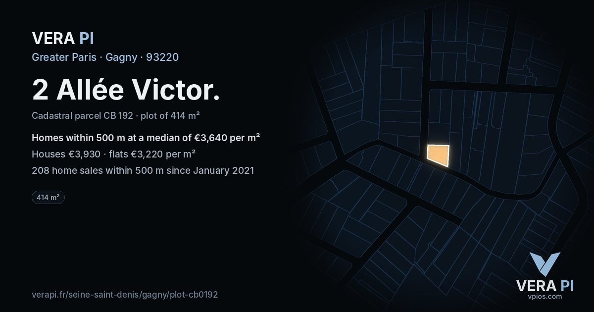 2 Allée Victor, Gagny at night – the plot lit, the parcels around coloured by the prices near them
