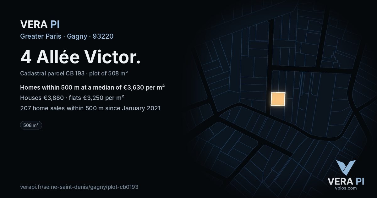 4 Allée Victor, Gagny at night – the plot lit, the parcels around coloured by the prices near them
