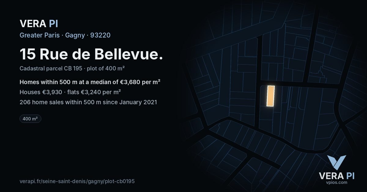 15 Rue de Bellevue, Gagny at night – the plot lit, the parcels around coloured by the prices near them