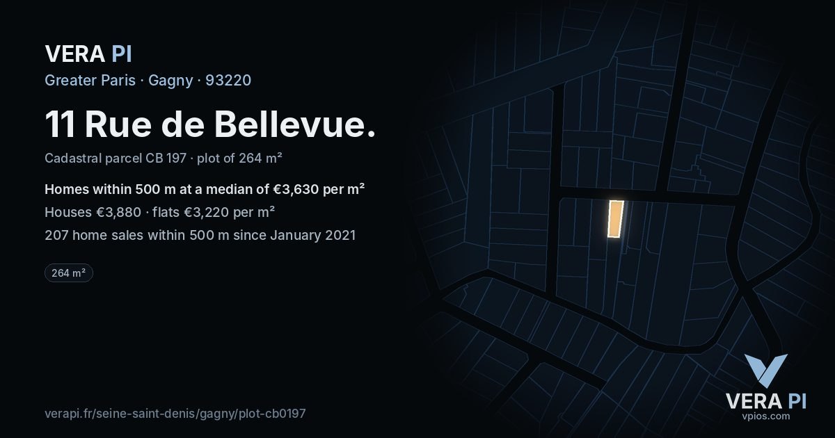 11 Rue de Bellevue, Gagny at night – the plot lit, the parcels around coloured by the prices near them