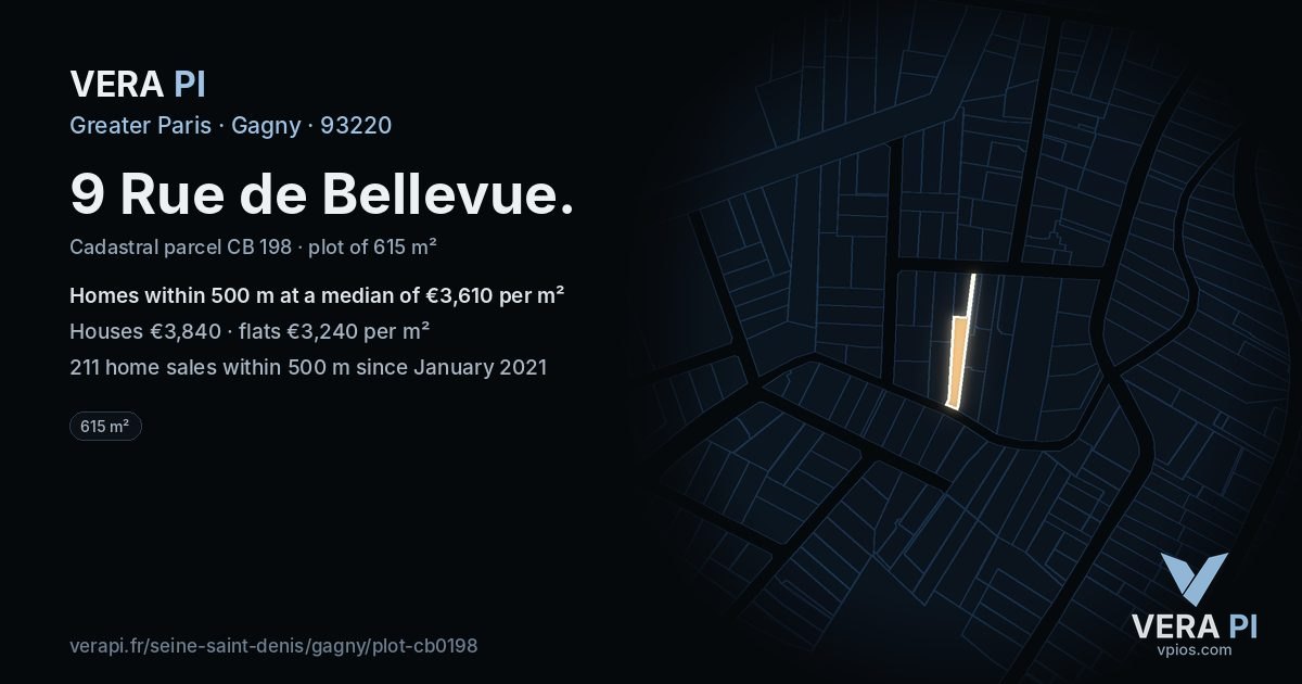 9 Rue de Bellevue, Gagny at night – the plot lit, the parcels around coloured by the prices near them