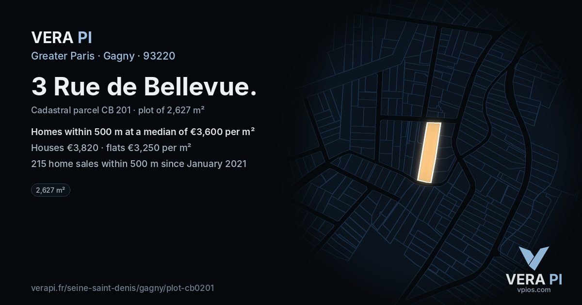 3 Rue de Bellevue, Gagny at night – the plot lit, the parcels around coloured by the prices near them