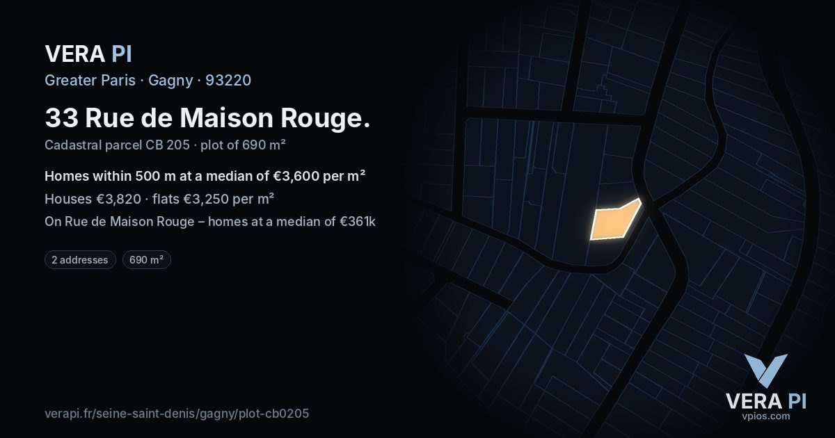 33 Rue de Maison Rouge, Gagny at night – the plot lit, the parcels around coloured by the prices near them