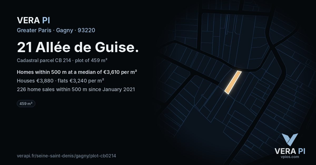 21 Allée de Guise, Gagny at night – the plot lit, the parcels around coloured by the prices near them