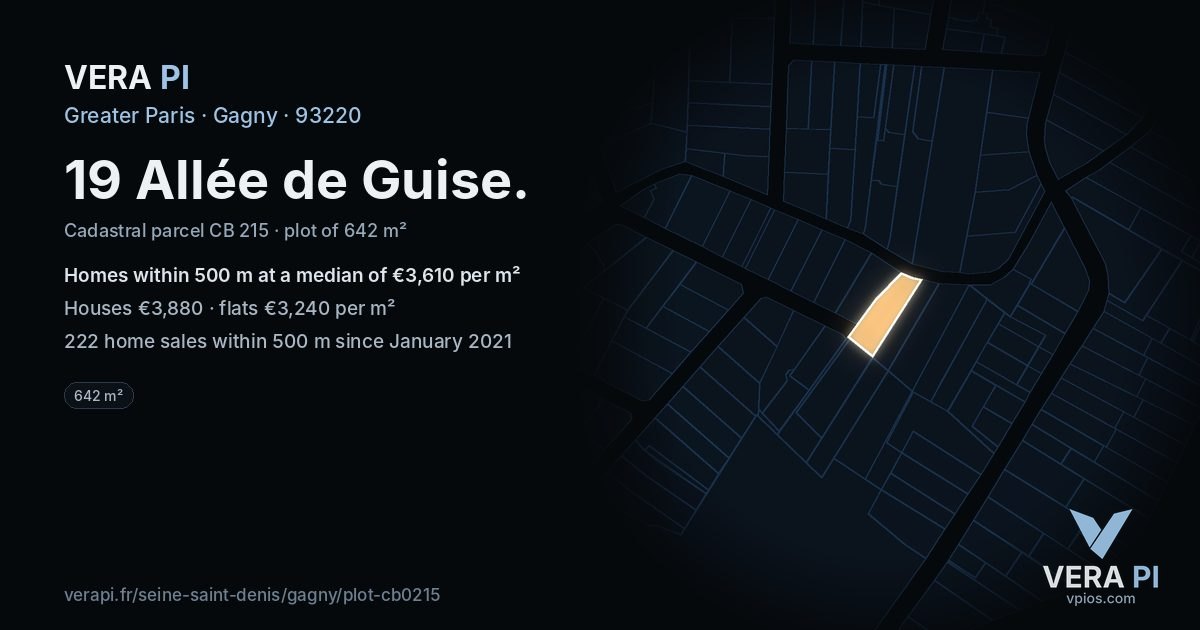 19 Allée de Guise, Gagny at night – the plot lit, the parcels around coloured by the prices near them