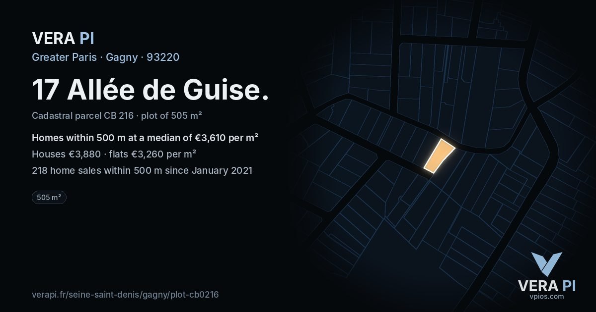 17 Allée de Guise, Gagny at night – the plot lit, the parcels around coloured by the prices near them