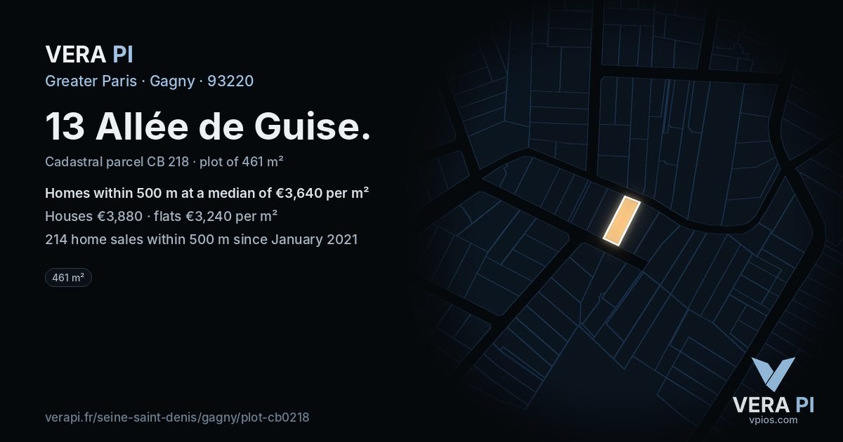 13 Allée de Guise, Gagny at night – the plot lit, the parcels around coloured by the prices near them