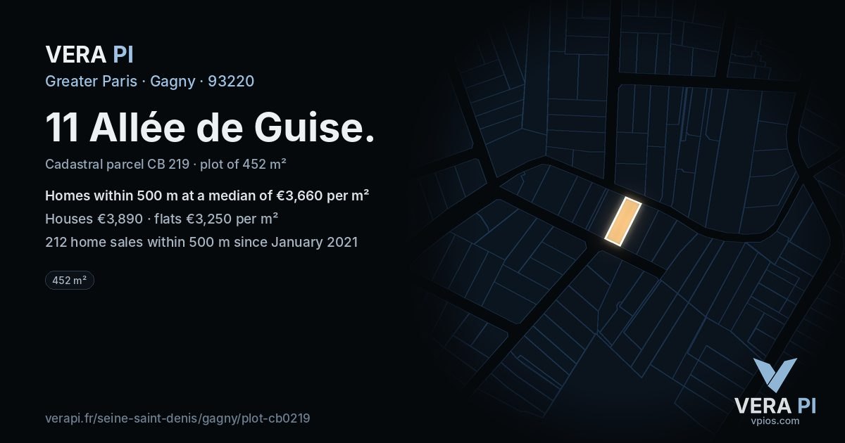 11 Allée de Guise, Gagny at night – the plot lit, the parcels around coloured by the prices near them
